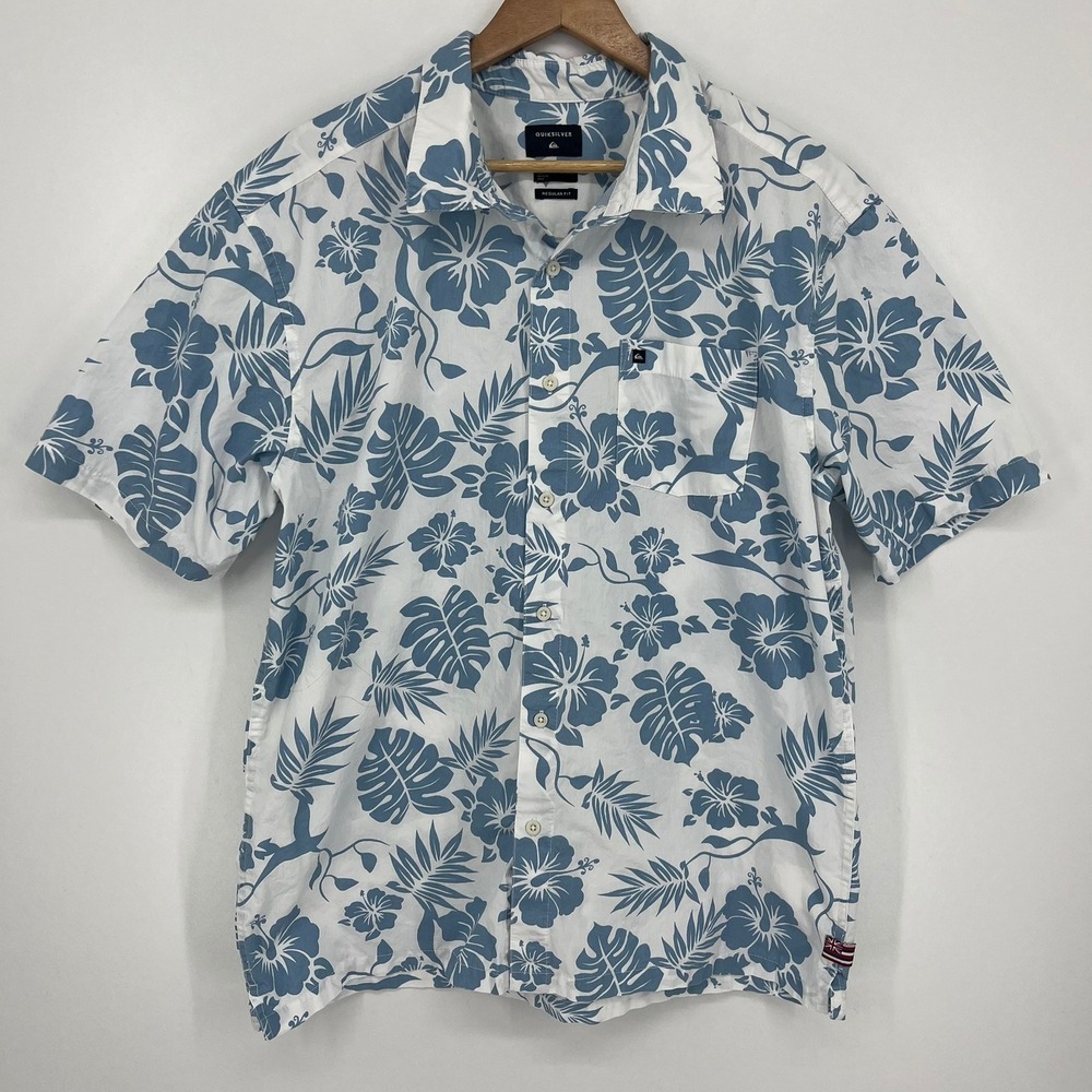 Quiksilver Mens Blue White Hawaiian Floral Print Button Down Shirt Large L
